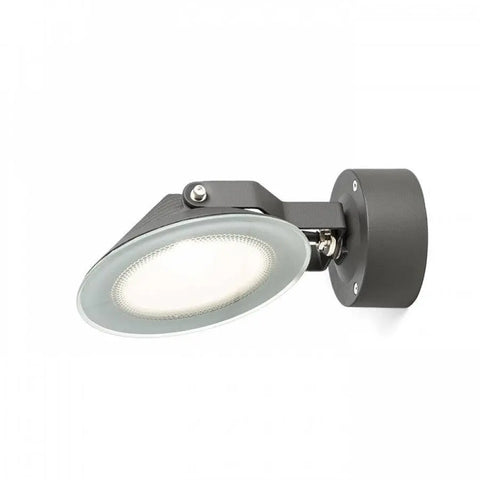 Säädettävä tummanharmaa FOX LED ulkovalaisin seinään kiinnitettynä – FOX LED-heijastinvalaisin, tummanharmaa, asennettuna seinään, säädettävä heijastin kirkkaalla lasikuvulla ulkovalaistusta varten.
