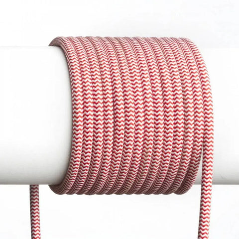 Punainen/valkoinen 3x0,75mm² tekstiilikaapeli metrittäin.