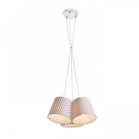Kolmella varjostimella varustettu riippuvalaisin, valkoinen ja punainen design.