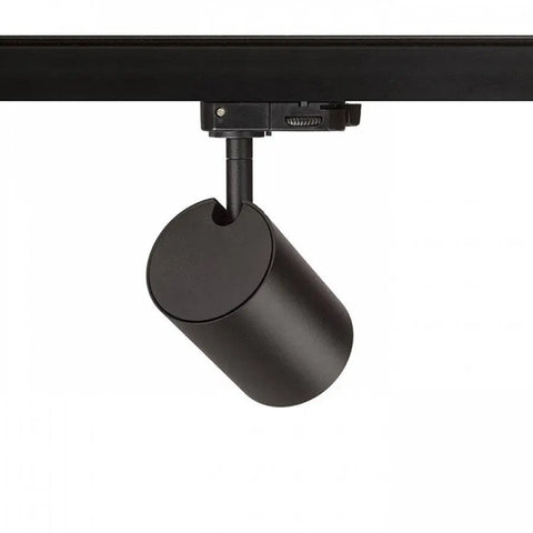 Musta CONNOR 3-vaihekiskovalaisin kuvattuna takaa, asennettuna mustaan kiskojärjestelmään. Tyylikäs, minimalistinen design, joka sulautuu saumattomasti mihin tahansa sisustukseen.