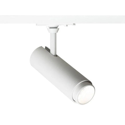 Valkoinen FOCUS 12 valonheitin 1-vaihekiskoon, esittelee valaisimen minimalistisen muotoilun ja himmennettävyyden.