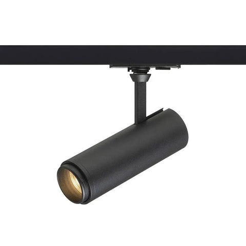 Musta FOCUS 12 LED-valaisin 1-vaihekiskossa, moderni sylinterimäinen muotoilu ja suunnattava valo.