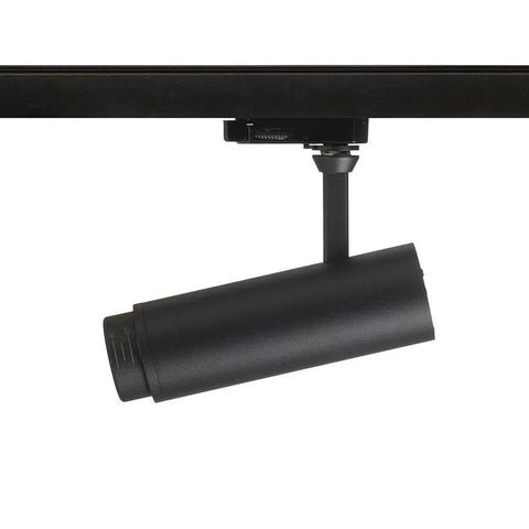 Musta FOCUS 12 LED-spotti valkoisessa 3-vaihekiskossa, säädettävä valon kulma.