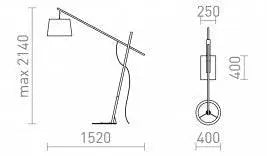 DANTE-lattiavalaisimen tekninen piirros, mitat ja asennusohjeet, moderni puu-metallirakenne, korkeus max 214 cm.