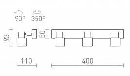 VALTO III spotlightin tekninen piirros, mitat: leveys 400 mm, korkeus 93 mm, kääntökulma 90°, käännössuunta 350°