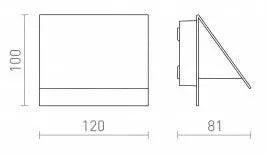 GERI LED-seinävalaisimen sivuprofiili ja tekniset mitat – Sivuprofiili ja tekniset tiedot GERI-seinävalaisimesta, mitat 120 x 100 mm, asennettu alumiininen kotelo.