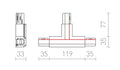 Rendl EUTRAC T-liitin, vasen polariteetti, 3-vaihekiskoon – valmistajan mittapiirros (R11335,R11336,R11337)