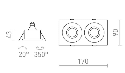 GALO II upotettu 230V LED GU10 9W IP65 – valmistajan mittapiirros (R14226,R14225)