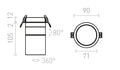 AUGUSTA upotettu 230V LED 12W 36° 3000K – valmistajan mittapiirros (R14240,R14239)
