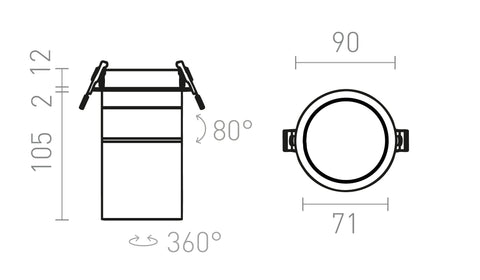 AUGUSTA upotettu 230V LED 12W 36° 3000K – valmistajan mittapiirros (R14240,R14239)