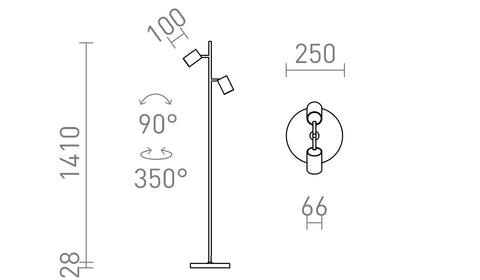 FLYNN II lattia 230V LED GU10 2x9W – valmistajan mittapiirros (R14267,R14266)