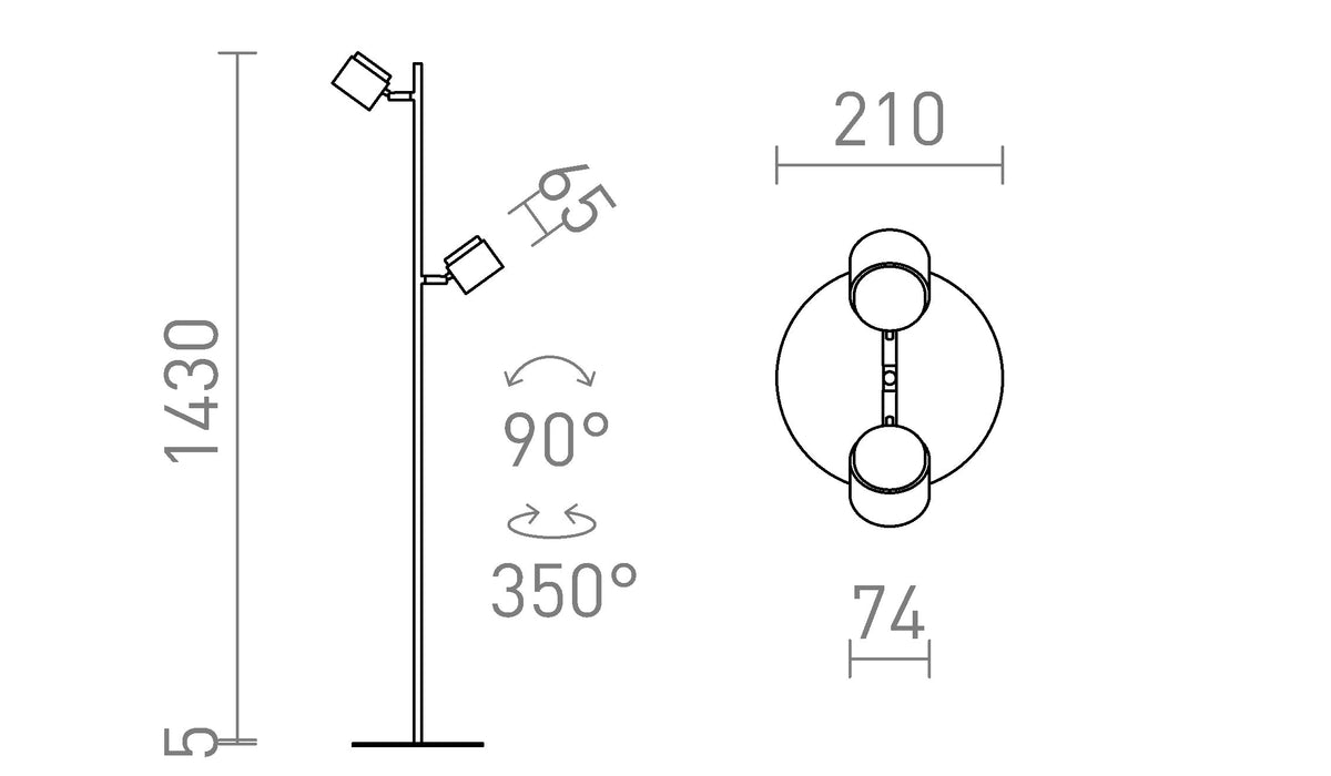 Rendl NOVA II LED-lattiavalaisin, kaksi valopistettä – valmistajan mittapiirros (R14277,R14276)