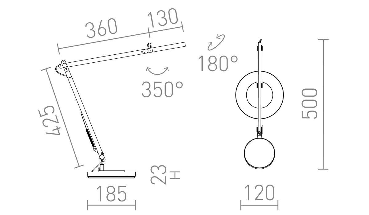 Rendl EMA HIMM LED-pöytävalaisin, nivelvarsi – valmistajan mittapiirros (R14289,R14288)