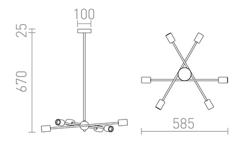 ARTEMIA 6 pylväiden varassa musta harjattu messinki 230V LED E27 6x15W – valmistajan mittapiirros (R14398)
