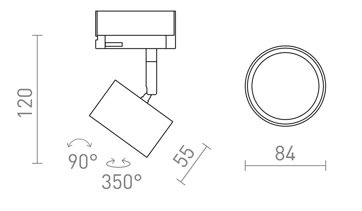Rendl PIXEL spotlight för 3-fasskena – måttskiss