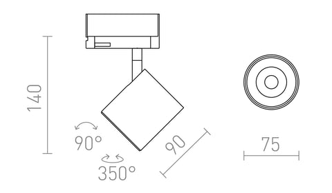 IRIS 7 3-vaihekiskolle 230V LED 10W 24° 3000K – valmistajan mittapiirros (R14481,R14480)