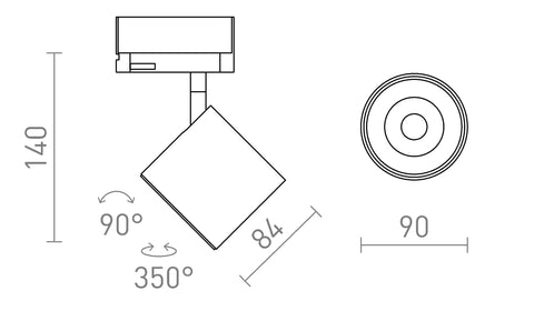 IRIS 9 3-vaihekiskolle 230V LED 12W 24° 3000K – valmistajan mittapiirros (R14483,R14482)