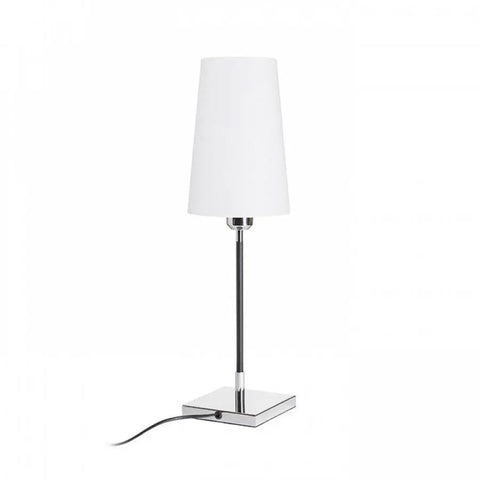 LULU pöytävalaisin, valkoinen varjostin, moderni E27-kantainen LED-valaisin, kromattu pohja ja musta varsi.