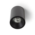 Musta lieriömuotoinen EILEEN-kattovalaisin GU10 LED-polttimolla, IP65-luokiteltu ja soveltuu kosteisiin tiloihin.