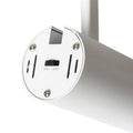 FOCUS 12 LED-valaisimen takaosa valkoisena, esillä tekniset liitännät ja säätimet.