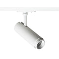 Valkoinen FOCUS 12 LED-spotlight 1-vaihekiskoon asennettuna, pyöreä valaisinrunko ja säädettävä valonlähde.