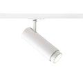 Valkoinen FOCUS 20 LED valonheitin 1-vaihekiskolle, sivunäkymä – Esittää valkoista putkimaista FOCUS 20 LED valonheitintä asennettuna 1-vaihekiskoon sivulta katsottuna.