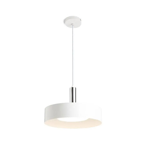 GIULIA 40 valkoinen riippuvalaisin, kromisilla yksityiskohdilla, pyöreä metallinen varjostin, E27-kanta, ripustuspituus 120 cm.