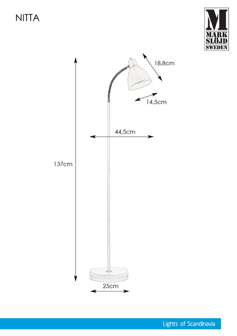 Markslöjd NITTA – 1-valoinen lattiavalaisin, valkoinen – valmistajan mittapiirros