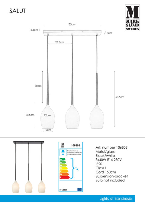 Markslöjd SALUT – riippuvalaisin, musta/valkoinen – valmistajan mittapiirros