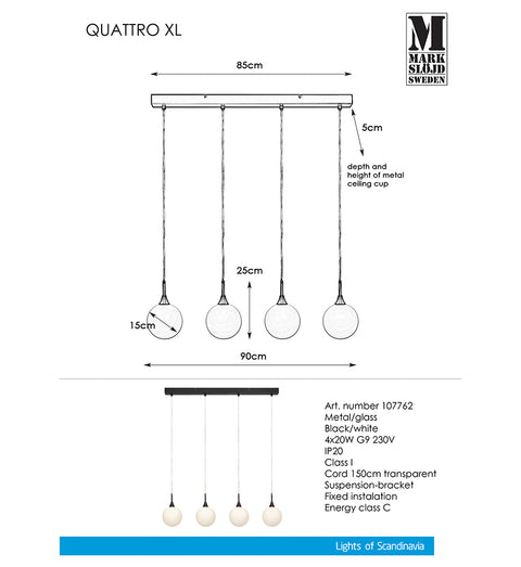 Markslöjd QUATTRO XL – 4-valoinen riippuvalaisin, musta/valkoinen – valmistajan mittapiirros