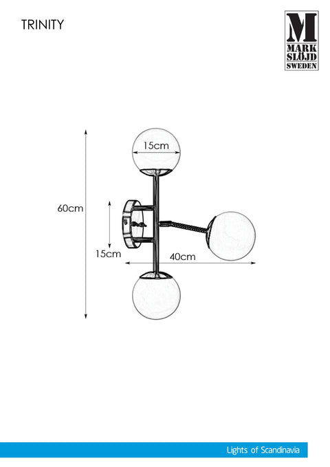 Markslöjd TRINITY – 3-valoinen seinävalaisin, messinginvärinen/savunharmaa, leveys 40,0 cm – valmistajan mittapiirros