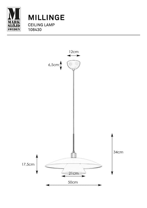 Markslöjd MILLINGE – riippuvalaisin, valkoinen, leveys 50 cm – valmistajan mittapiirros
