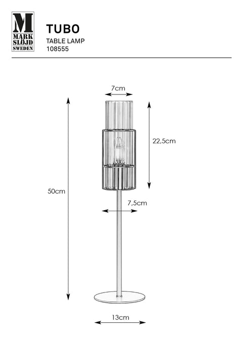 Markslöjd TUBO – pöytävalaisin, musta/kirkas, 50 cm – valmistajan mittapiirros
