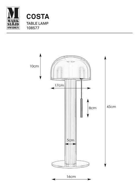 Markslöjd COSTA – pöytävalaisin, satiininikkeli/valkoinen, 46 cm – valmistajan mittapiirros