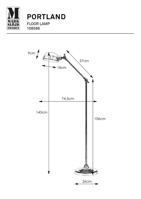 Markslöjd PORTLAND – lattiavalaisin, musta, leveys 26,0 cm – valmistajan mittapiirros