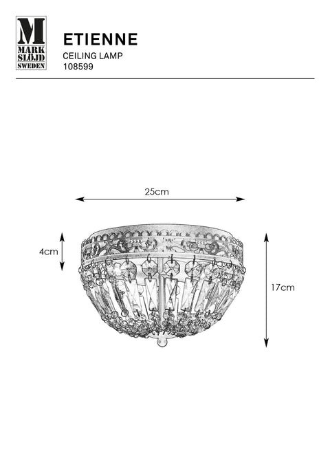 Markslöjd ETIENNE – 2-valoinen kattovalaisin, kromi, leveys 25 cm – valmistajan mittapiirros
