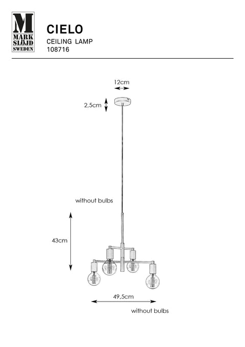 Markslöjd CIELO – 4-valoinen riippuvalaisin, musta, leveys 50 cm – valmistajan mittapiirros