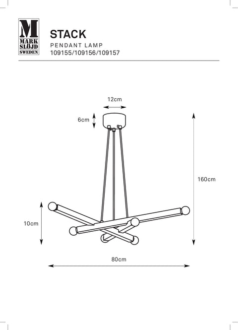 Markslöjd STACK – 6-valoinen riippuvalaisin, musta, leveys 80 cm – valmistajan mittapiirros