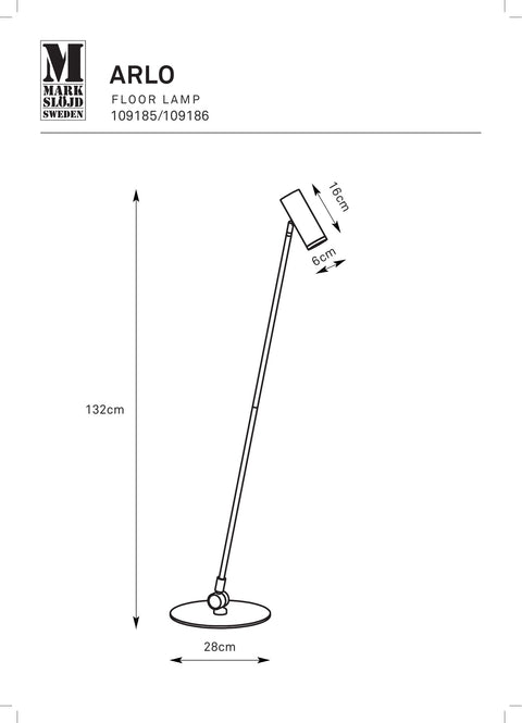Markslöjd ARLO – lattiavalaisin, kromi, leveys 28 cm – valmistajan mittapiirros