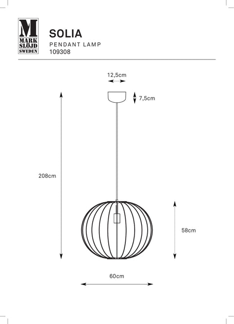 Markslöjd SOLIA – riippuvalaisin, valkoinen, 60 cm – valmistajan mittapiirros