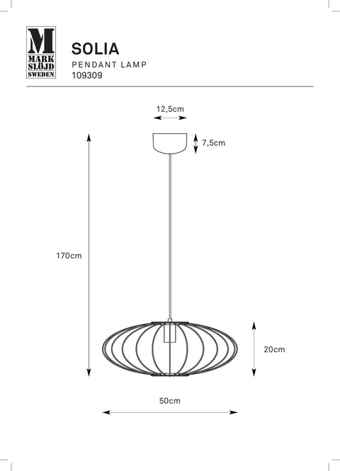 Markslöjd SOLIA – riippuvalaisin, valkoinen, 50 cm – valmistajan mittapiirros