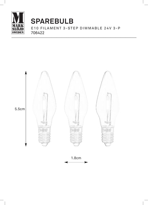 Markslöjd E10 LED-varalamppu, 14–55 V, 0,1–0,5 W, 3-portainen himmennys – valmistajan mittapiirros