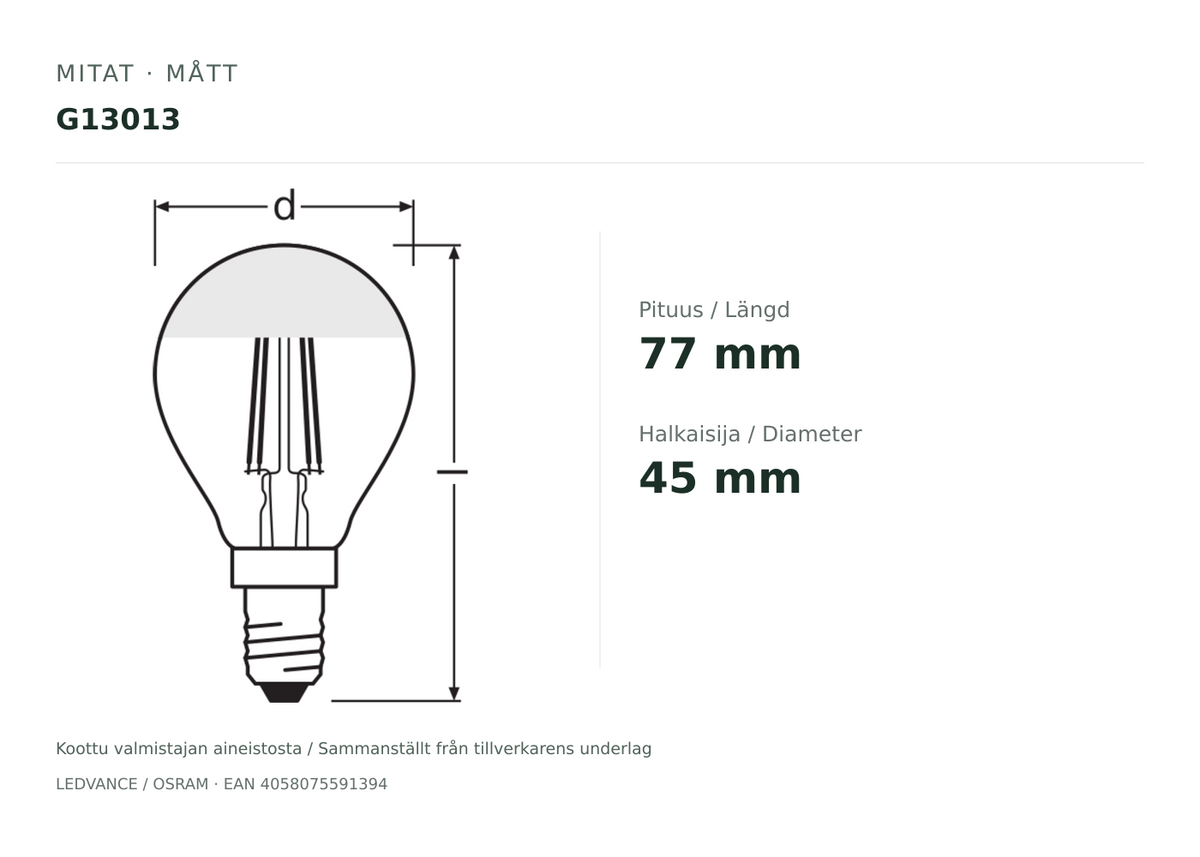 Mitat / Mått – G13013