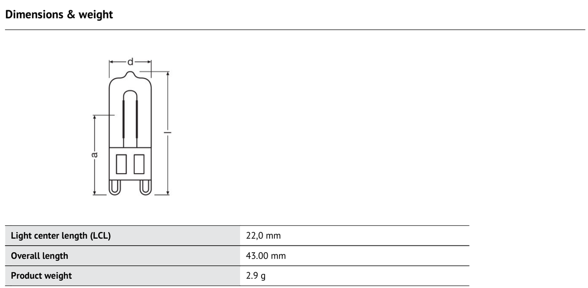 OSRAM HALOPIN PRO G9 halogenlampa – måttskiss (G13045)