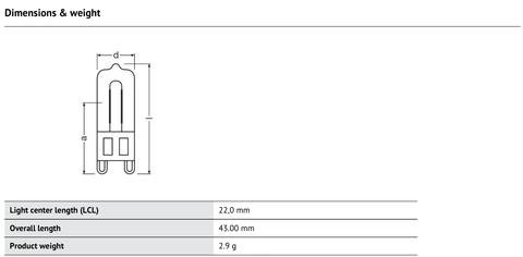 OSRAM HALOPIN PRO G9 halogenlampa – måttskiss (G13045)