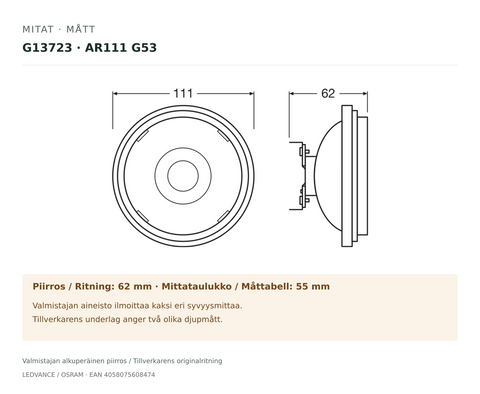 OSRAM PARATHOM PRO AR111 G53 LED-lampa EQ100 – måttskiss (G13723)