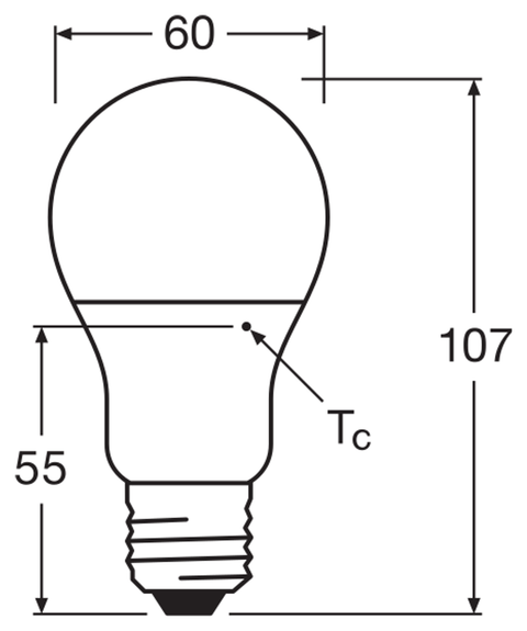 OSRAM Classic A RECYCLED E27 LED-lampa – måttskiss (G14431)