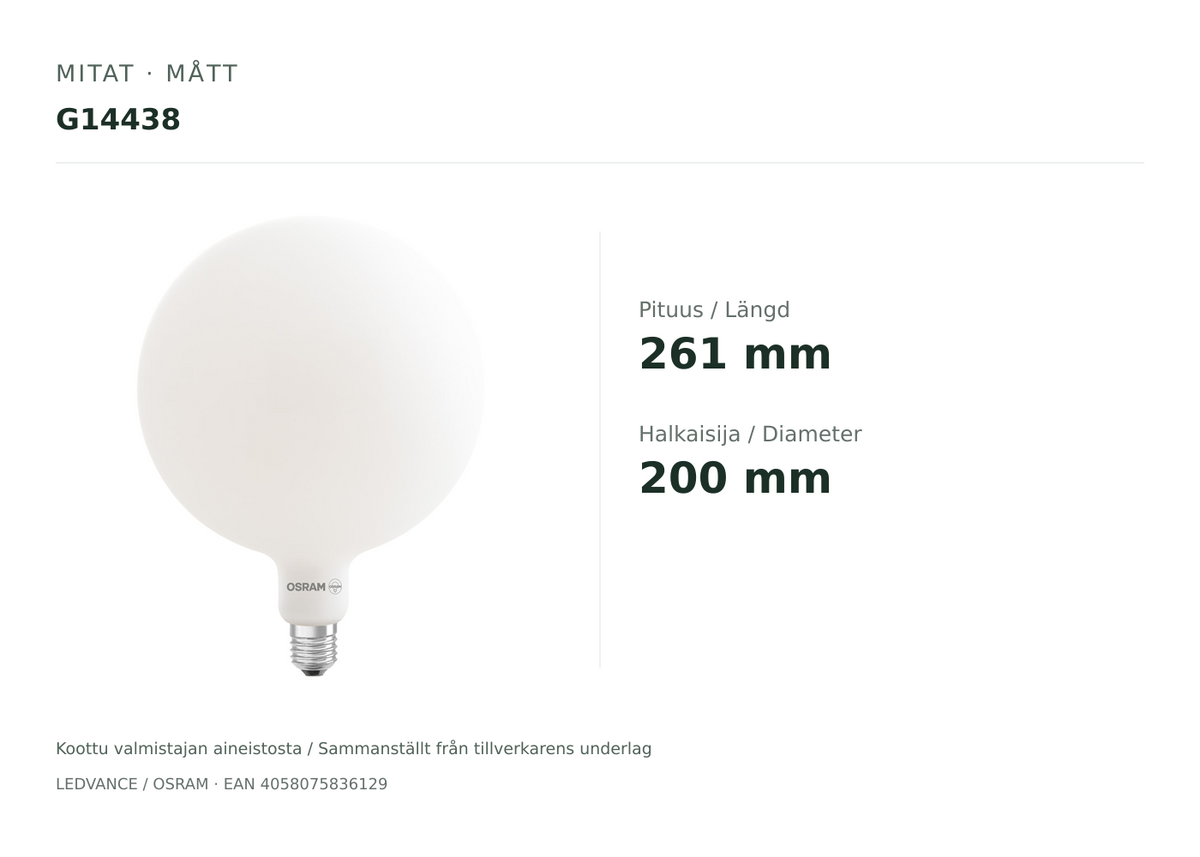 OSRAM PARATHOM Globe 200 E27 LED-globallampa, 7,3 W (G14438)