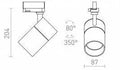 Kohdevalaisimen tekninen piirros ja mitat (korkeus 204 mm, halkaisija 87 mm, kääntö 350°, kallistus 80°)
