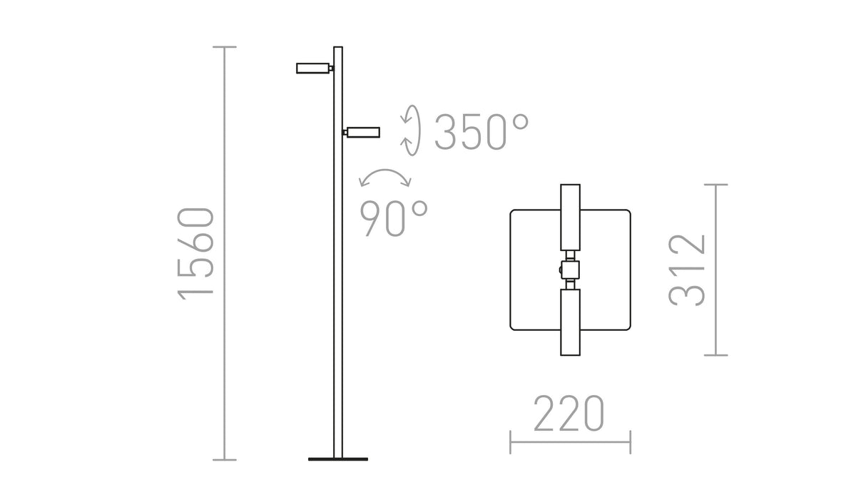 Rendl FADO LED-golvlampa med två spotlights, svart – måttskiss